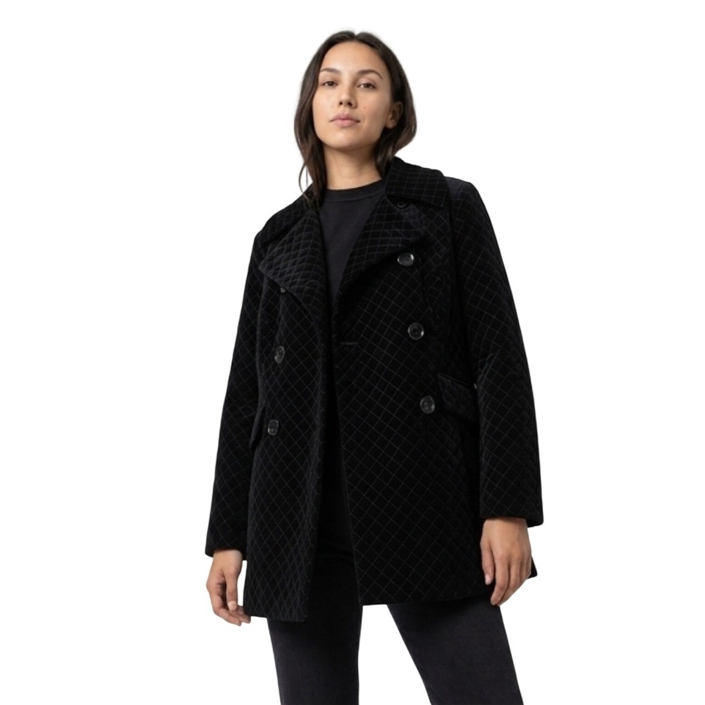 INC International Concepts Black Quilted Velvet Pea Coat Jacket‎ Womens 1X